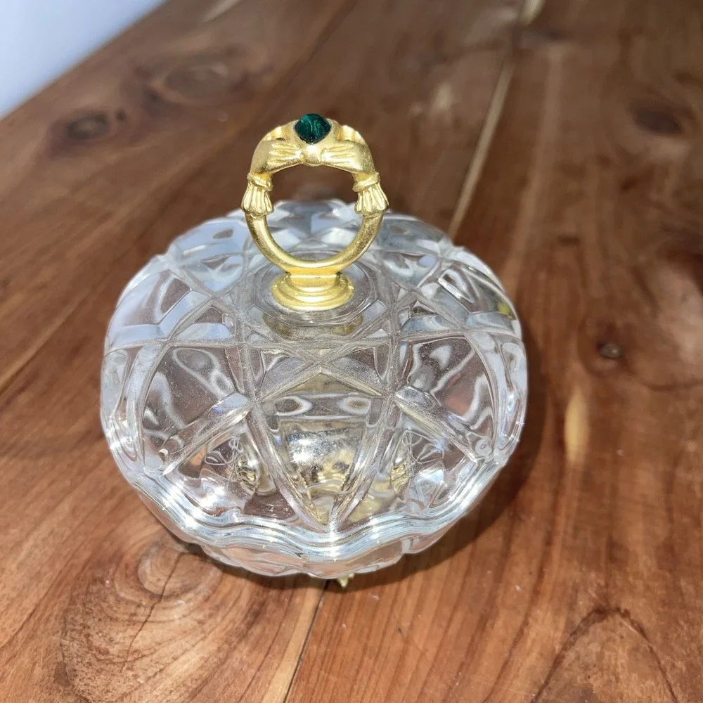 Killarney Crystal Ireland 22K Gold Trinket Dish w/Gold Heart Claddagh Ring Lid